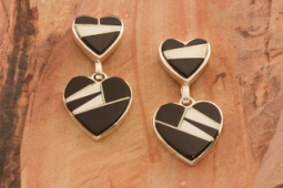 Calvin Begay Genine Acoma Jet Sterling Silver Heart Earrings